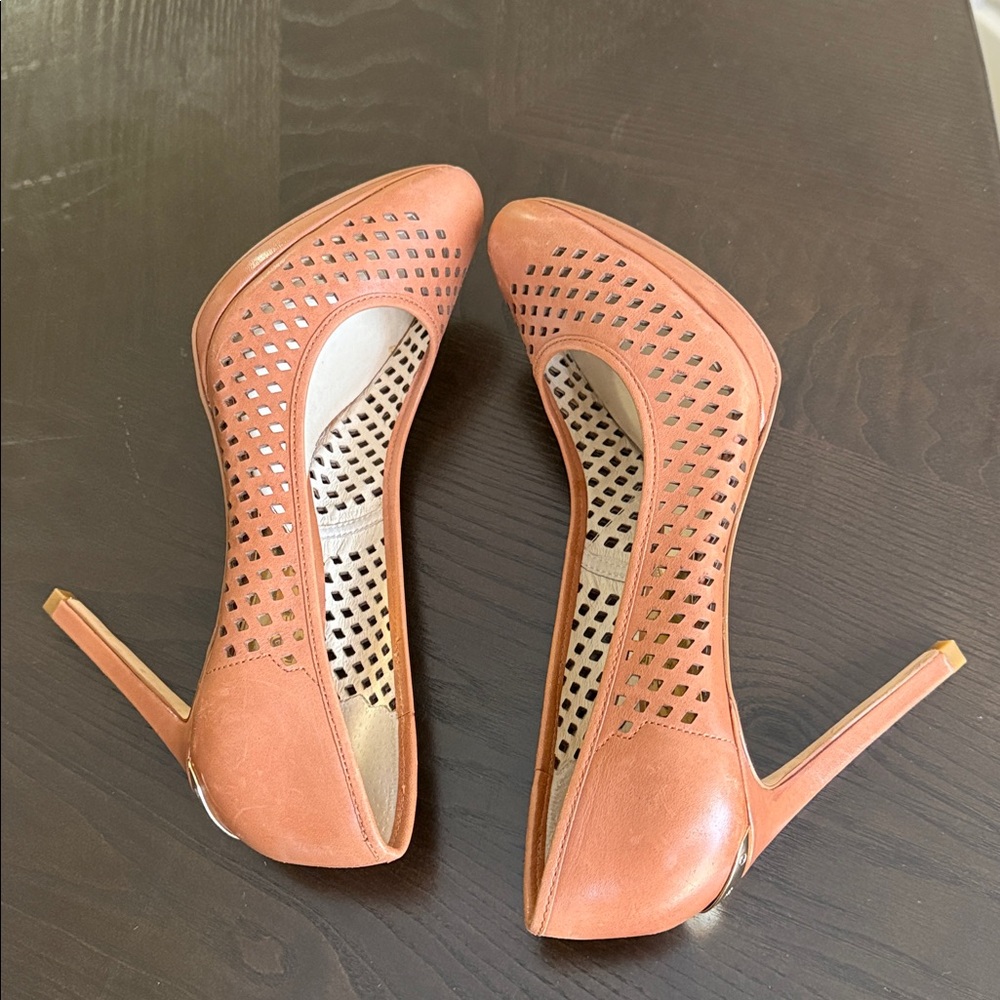 MICHAEL Michael Kors Florentine Laser-cut Leather Pumps In Brown and Tan - Picture 9 of 16